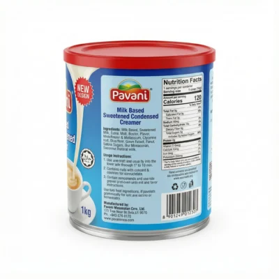 Vue de arrière de la conserve métallique de LAIT CONCENTRE PAVANI 1kg, avec son couvercle rouge et son étiquette bleue.