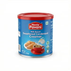 Vue de face de la boîte en métal de LAIT CONCENTRE PAVANI 1kg, avec son étiquette bleue distinctive et son couvercle rouge.