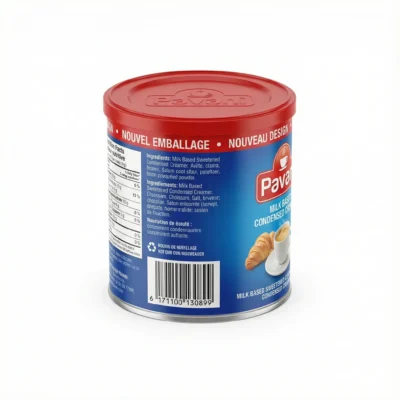 Vue latérale du LAIT CONCENTRE PAVANI 1kg en boîte métallique cylindrique avec une étiquette bleue et un couvercle rouge.