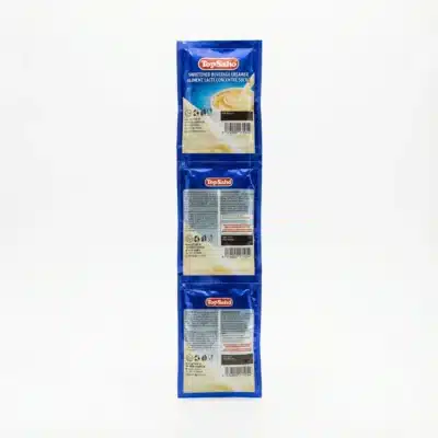 Vue arrière de trois sachets rectangulaires bleus de LAIT CONCENTRE TOP SAHO 30G, alignés verticalement.