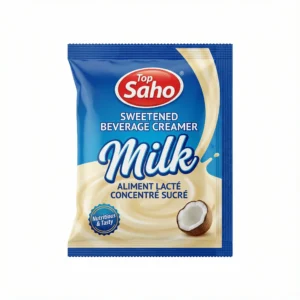 Vue de face du sachet bleu et crème de LAIT CONCENTRE TOP SAHO 30G, illustré d'une éclaboussure de lait et d'une noix de coco.