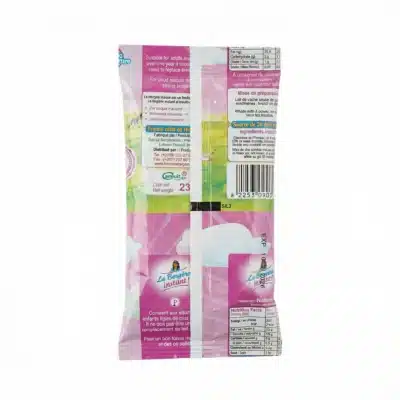 Vue arrière du sachet vertical rose et vert du LAIT EN SACHET LA BERGERE INSTANT 25 g, avec les informations nutritionnelles.