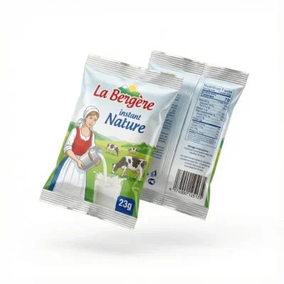 LAIT EN SACHET LA BERGERE INSTANT 25 g en deux sachets verts et argentés, illustrés d'une bergère, vus de dessus.