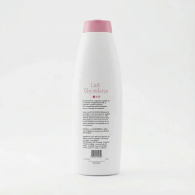 Vue arrière du flacon blanc du LAIT GLYCEDERM ROSE 750ML, avec son bouchon rose et l'étiquette descriptive au dos.