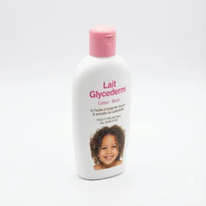 Vue de face du Lait Glycederm Rose 750ml dans son flacon blanc en plastique au bouchon rose, avec l'image d'un enfant.