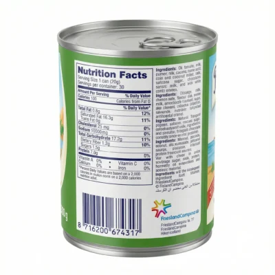 Vue de arrière de la boîte en métal du LAIT NON SUCRE PEAK 160G, avec son étiquette verte montrant le tableau nutritionnel.