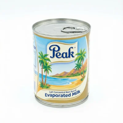 Vue de face du LAIT NON SUCRE PEAK 160G en conserve cylindrique en métal, avec une étiquette bleue, blanche et dorée.