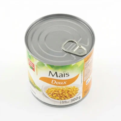 Vue dessus couvercle boîte maïs Belle France 300g neuve
