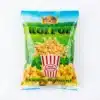 Sachet plastique vert de MAIS ROI POP 160G, vue de face, avec un cornet de popcorn rouge et blanc et une couronne dorée.