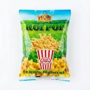Sachet plastique vert de MAIS ROI POP 160G, vue de face, avec un cornet de popcorn rouge et blanc et une couronne dorée.