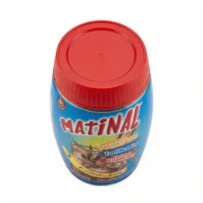 Vue de dessus du pot en plastique bleu MATINAL 200G avec son couvercle rouge vif, sur fond blanc.