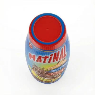 Vue de dessus du pot en plastique de MATINAL 400 g avec son couvercle rouge et bleu sur une étiquette à dominante bleue.