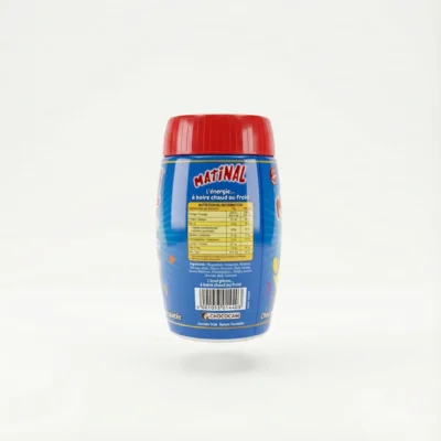 Vue arrière du pot bleu à couvercle rouge de la boisson chocolatée MATINAL 200G, montrant l'étiquette nutritionnelle.