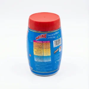 Vue de face du pot cylindrique MATINAL 200G, en plastique bleu avec un couvercle rouge, affichant ses valeurs nutritives.