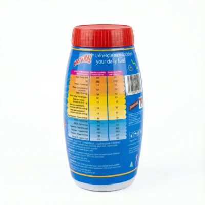 Vue arrière du pot cylindrique bleu MATINAL 400 g avec bouchon rouge, affichant le tableau des valeurs nutritionnelles.