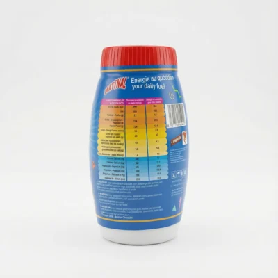 Vue latérale du pot bleu de la poudre chocolatée MATINAL 400 g avec son bouchon rouge et ses informations nutritionnelles.