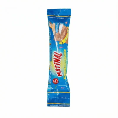 Vue de dessus du MATINAL STICK 10G, un sachet-stick individuel bleu et brillant pour boisson chocolatée, sur fond blanc.