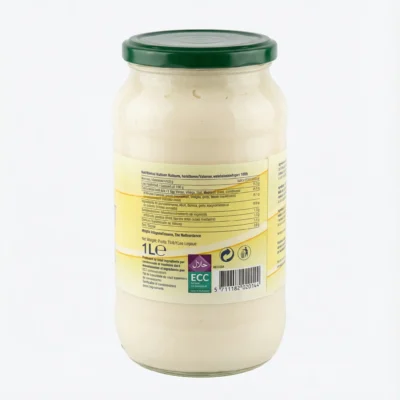 Vue de dos du bocal en verre de MAYONNAISE ARMANTI 1 KG avec son couvercle vert, montrant l'étiquette nutritionnelle.