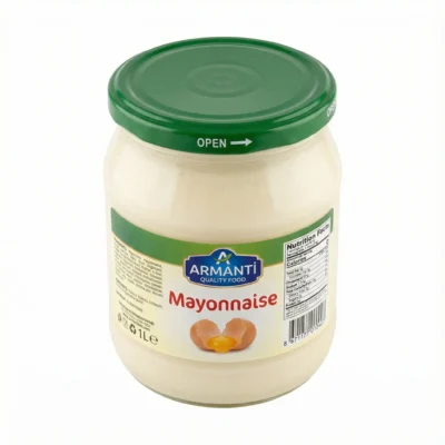 Grand bocal en verre de MAYONNAISE ARMANTI 1 KG en vue de dessus, avec son couvercle vert et sa texture onctueuse visible.