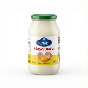 Vue de face du pot en verre de MAYONNAISE ARMANTI 1 KG, avec son bouchon vert et son étiquette illustrée d'un œuf cassé.
