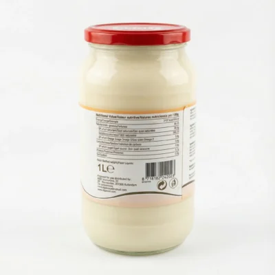 Vue de arrière du pot en verre de MAYONNAISE BROLI 1KG avec son couvercle rouge, montrant les informations nutritionnelles.