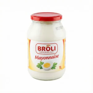 Vue de face du grand bocal en verre de Mayonnaise Broli 1kg, avec son étiquette blanche et son couvercle rouge distinctif.