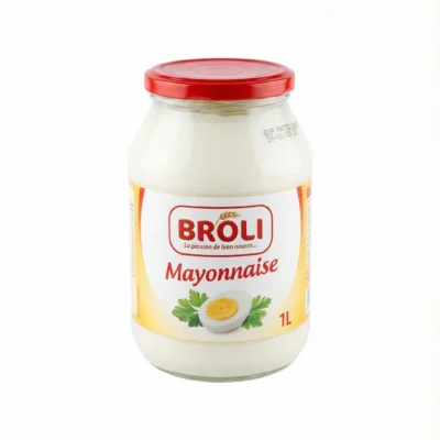 Vue de face du grand bocal en verre de Mayonnaise Broli 1kg, avec son étiquette blanche et son couvercle rouge distinctif.