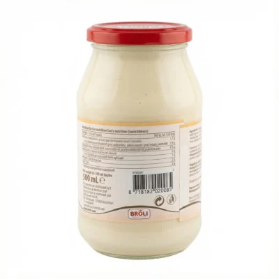 Vue arrière de la MAYONNAISE BROLI 500ML dans son bocal en verre, avec un couvercle rouge et son étiquette nutritionnelle.