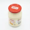 Vue de dessus de la MAYONNAISE BROLI 500ML dans son pot en verre, avec son couvercle rouge vif sur un fond blanc.