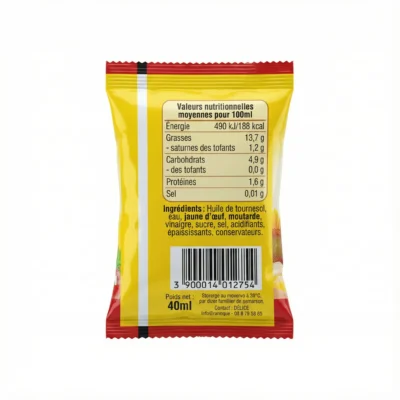 Vue arrière du sachet de MAYONNAISE DELICE 40G, emballage jaune à rayures, montrant les valeurs nutritionnelles et ingrédients.