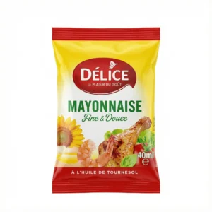 Vue de face du sachet de MAYONNAISE DELICE 40G. L'emballage souple est jaune et rouge, avec une illustration de tournesol.
