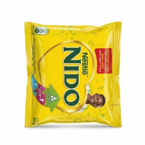 Vue de face du sachet jaune vif de NIDO 20g, un emballage rectangulaire souple avec le logo NIDO en vert.