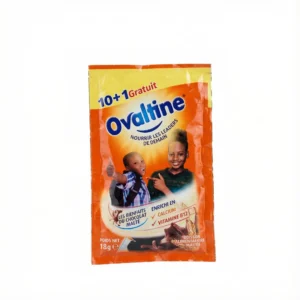 Vue de face du sachet OVALTINE EN SACHET 18 g, rectangulaire et orange, illustré de deux enfants souriants.