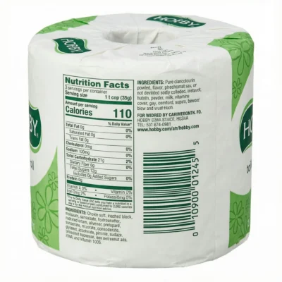 Vue de arrière du paquet de papier hygiénique Hobby 2pli, blanc et vert, avec l'étiquette nutritionnelle et des fleurs.