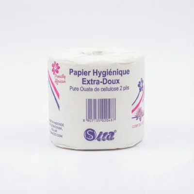 Vue de arrière du rouleau de papier hygiénique SITA dans son emballage blanc cylindrique avec des inscriptions violet et rose.