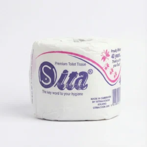 Vue de face du PAPIER HYGIENIQUE SITA dans son emballage blanc cylindrique avec des inscriptions bleues et des motifs floraux roses.