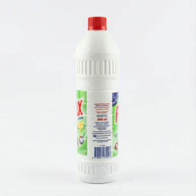 Vue de arrière du flacon en plastique blanc de PAX CITRON 800ML, avec son bouchon rouge et son étiquette d'information verte.