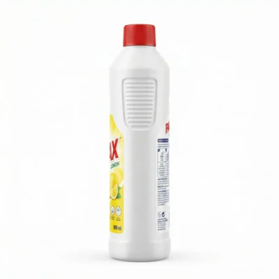 Bouteille en plastique blanc de PAX CITRON 800ML avec bouchon rouge, vue latérale montrant l'étiquette jaune et les instructions.