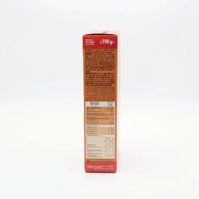 Vue latérale boîte Phosphatine biscuit, étiquette colorée visible