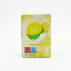 Vue de face du paquet rose et blanc de protège-slips Boni Large 50 pièces, format économique pour usage quotidien.