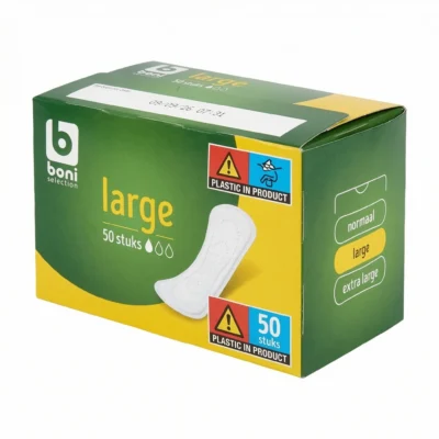 Vue latérale du paquet de 50 protège-slips Boni Large, format intime au quotidien pour la femme camerounaise.