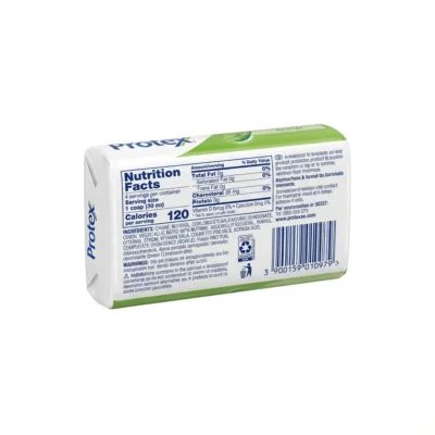 Vue de arrière du pain de savon PROTEX PHARMAPUR ALOE 150 g dans son emballage papier rectangulaire blanc et vert.