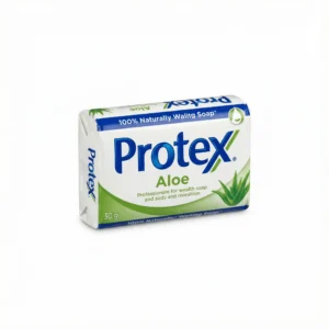 Vue de face du savon PROTEX PHARMAPUR ALOE 150 g dans son emballage rectangulaire blanc, bleu et vert avec une image d'aloe vera.