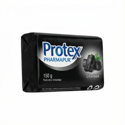 Savon PROTEX PHARMAPUR CHARBON 150G en vue latérale, dans son emballage papier rectangulaire noir orné de charbon.