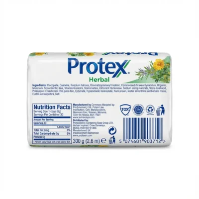 Vue de arrière du savon PROTEX PHARMAPUR HERBAL 150G dans son emballage rectangulaire blanc, affichant les ingrédients.