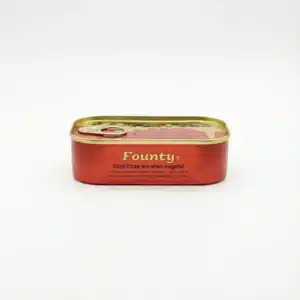 Vue de face de la conserve rouge de SARDINE FOUNTY NON PIMENTEE 125G, avec son couvercle doré à ouverture facile.