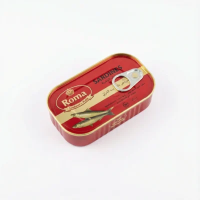 Vue de dessus d'une boîte de SARDINE ROMA NON PIMENTE 125G, rectangulaire et métallique, de couleur rouge et or.