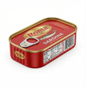 Vue de face de la boîte de SARDINE ROMA NON PIMENTE 125G, un contenant métallique rectangulaire rouge et or avec une languette.