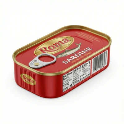 Vue de face de la boîte de SARDINE ROMA NON PIMENTE 125G, un contenant métallique rectangulaire rouge et or avec une languette.