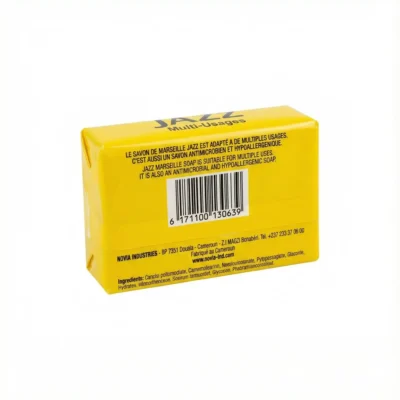 Vue arrière du SAVON JAZZ MULTI-USAGE AU CITRON 200G dans son emballage jaune, montrant les ingrédients et le code-barres.